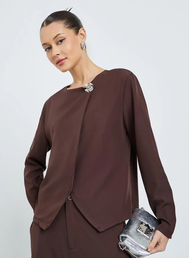 Brown Asymmetric Top and Wide Leg Trousers Co-Ords